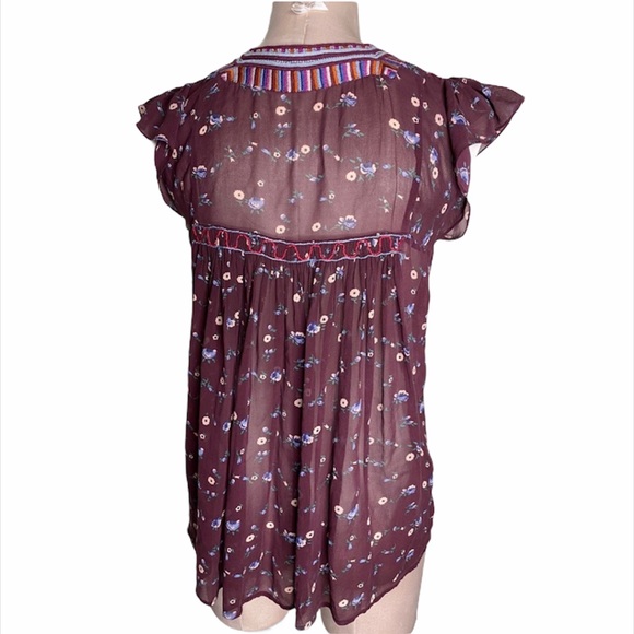 Ulla Johson Silk Floral Sheer Blouse Top Boho Bohemian Peasant Sz 4 - Picture 3 of 16